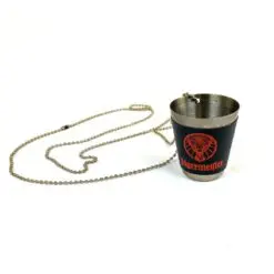 Metalinė pakabinama Jägermeister taurelė su eko oda 30 ml 3,7×3,7×4,3 cm