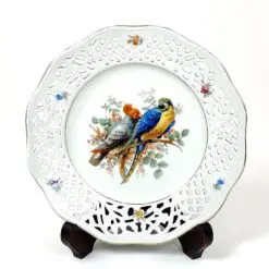 Vokiška porcelianinė Porzellanfabrik Carl Schumann GmbH & Co. ažūrinė lėkštutė su papūgų atvaizdu 19,5×19,5×3 cm