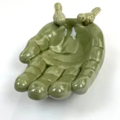 Keramikinis delno formos indas – lesykla su paukščių figūromis 24x14x9 cm