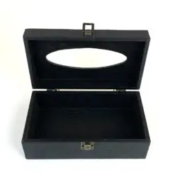 Medinė dėžutė popierinėms nosinaitėms, aptraukta eko oda ir tekstile 14,2x25x9,3 cm
