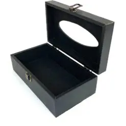 Medinė dėžutė popierinėms nosinaitėms, aptraukta eko oda ir tekstile 14,2x25x9,3 cm