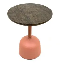Modernus apverstos taurės formos metalinis staliukas mediniu stalviršiumi 40,5×40,5×51 cm