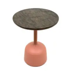 Modernus apverstos taurės formos metalinis staliukas mediniu stalviršiumi 40,5×40,5×51 cm