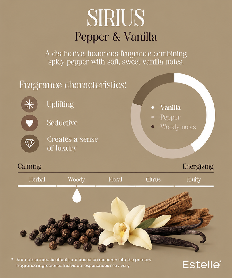 Sirius Pepper and Vanilla Fragrance Guide copy Estelle SIRIUS Namų kvapas su lazdelėmis Pepper & Vanilla 200 ml 8x8x28 cm