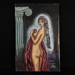 Ant drobės tapytas šalia kolonos stovinčios merginos paveikslas su rankšluosčiu