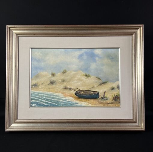 Ant drobės tapytas paveikslas vaizduojantis valtį pakrantėje prie kopų