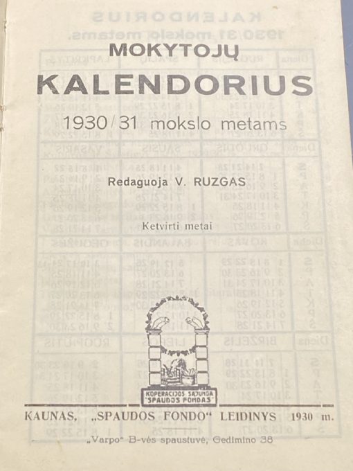 Knyga “Mokytojų kalendorius 1930-1931m” 1×10,5×15,5 cm