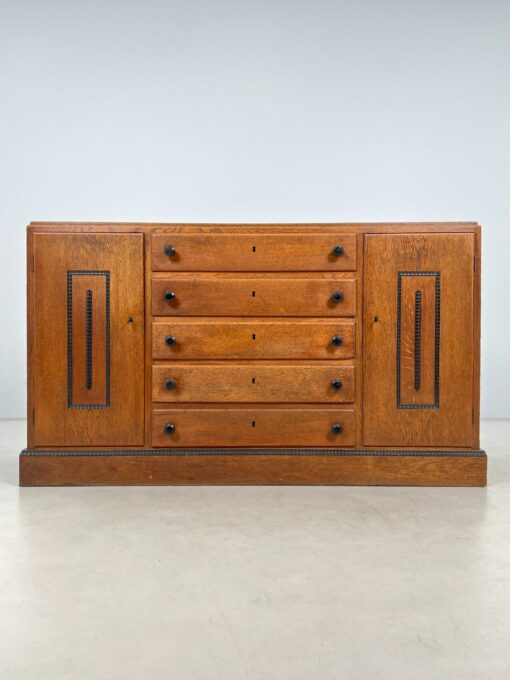 Art Deco stiliaus ąžuolinė dviejų durų ir penkių stalčių komoda 60x168x96 cm