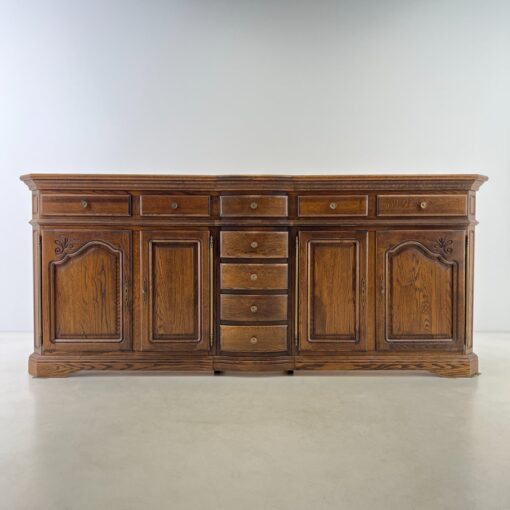 Ąžuolinė ilga keturių durų ir devynių stalčių komoda 60x271x116 cm