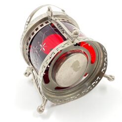 Metalinė žibalinė lempa su raudonu stiklu ir metaline rankena 16x16x20 cm