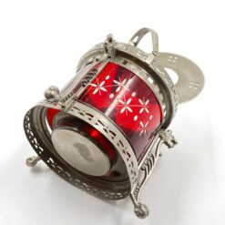 Metalinė žibalinė lempa su raudonu stiklu ir metaline rankena 16x16x20 cm