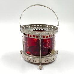 Metalinė žibalinė lempa su raudonu stiklu ir metaline rankena 16x16x20 cm