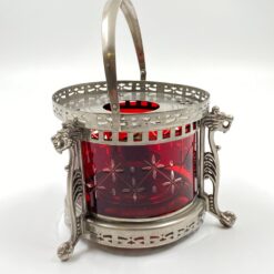 Metalinė žibalinė lempa su raudonu stiklu ir metaline rankena 16x16x20 cm