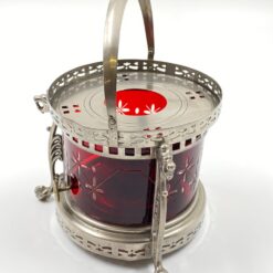 Metalinė žibalinė lempa su raudonu stiklu ir metaline rankena 16x16x20 cm