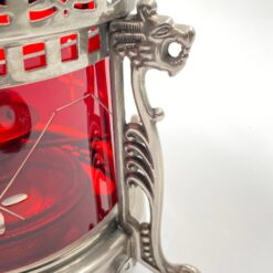 Metalinė žibalinė lempa su raudonu stiklu ir metaline rankena 16x16x20 cm