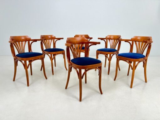 Medinis Thonet stiliaus krėslas mėlynos spalvos gobeleno sėdimąja dalimi 47x51x78 cm, 49 cm