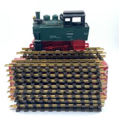 Vintažinis Lehmann LGB 2 dalių rinkinys: lokomotyvas 99 5001 su dėžute 12,5x24x15 cm ir 300 mm 10000×12 vnt. tiesūs bėgiai su dėžute 10,5x36x13,5 cm