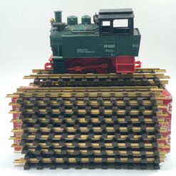Vintažinis Lehmann LGB 2 dalių rinkinys: lokomotyvas 99 5001 su dėžute 12,5x24x15 cm ir 300 mm 10000×12 vnt. tiesūs bėgiai su dėžute 10,5x36x13,5 cm