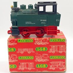 Vintažinis Lehmann LGB 2 dalių rinkinys: lokomotyvas 99 5001 su dėžute 12,5x24x15 cm ir 300 mm 10000×12 vnt. tiesūs bėgiai su dėžute 10,5x36x13,5 cm