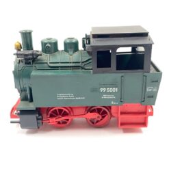 Vintažinis Lehmann LGB 2 dalių rinkinys: lokomotyvas 99 5001 su dėžute 12,5x24x15 cm ir 300 mm 10000×12 vnt. tiesūs bėgiai su dėžute 10,5x36x13,5 cm