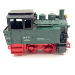 Vintažinis Lehmann LGB 2 dalių rinkinys: lokomotyvas 99 5001 su dėžute 12,5x24x15 cm ir 300 mm 10000×12 vnt. tiesūs bėgiai su dėžute 10,5x36x13,5 cm
