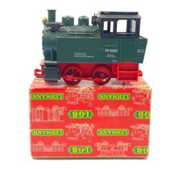 Vintažinis Lehmann LGB 2 dalių rinkinys: lokomotyvas 99 5001 su dėžute 12,5x24x15 cm ir 300 mm 10000×12 vnt. tiesūs bėgiai su dėžute 10,5x36x13,5 cm