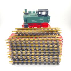 Vintažinis Lehmann LGB 2 dalių rinkinys: lokomotyvas 99 5001 su dėžute 12,5x24x15 cm ir 300 mm 10000×12 vnt. tiesūs bėgiai su dėžute 10,5x36x13,5 cm