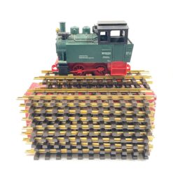 Vintažinis Lehmann LGB 2 dalių rinkinys: lokomotyvas 99 5001 su dėžute 12,5x24x15 cm ir 300 mm 10000×12 vnt. tiesūs bėgiai su dėžute 10,5x36x13,5 cm