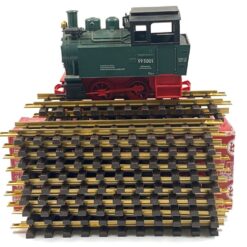 Vintažinis Lehmann LGB 2 dalių rinkinys: lokomotyvas 99 5001 su dėžute 12,5x24x15 cm ir 300 mm 10000×12 vnt. tiesūs bėgiai su dėžute 10,5x36x13,5 cm