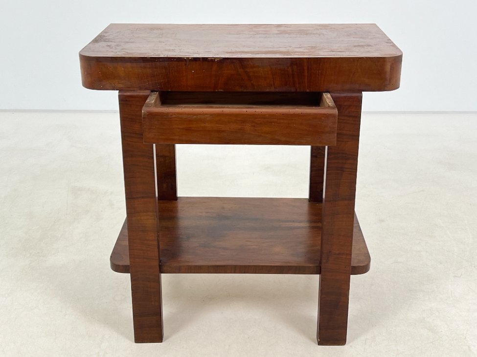 CY0343-stalai-6 Art deco riešutmedžio konsolė su stalčiumi 41×70,5×72 cm