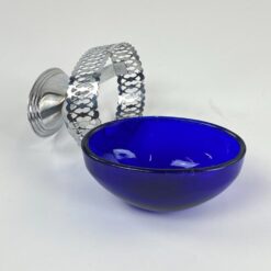 Ovalus mėlyno stiklo indas metaliniame stove 8×12,5×7,5 cm