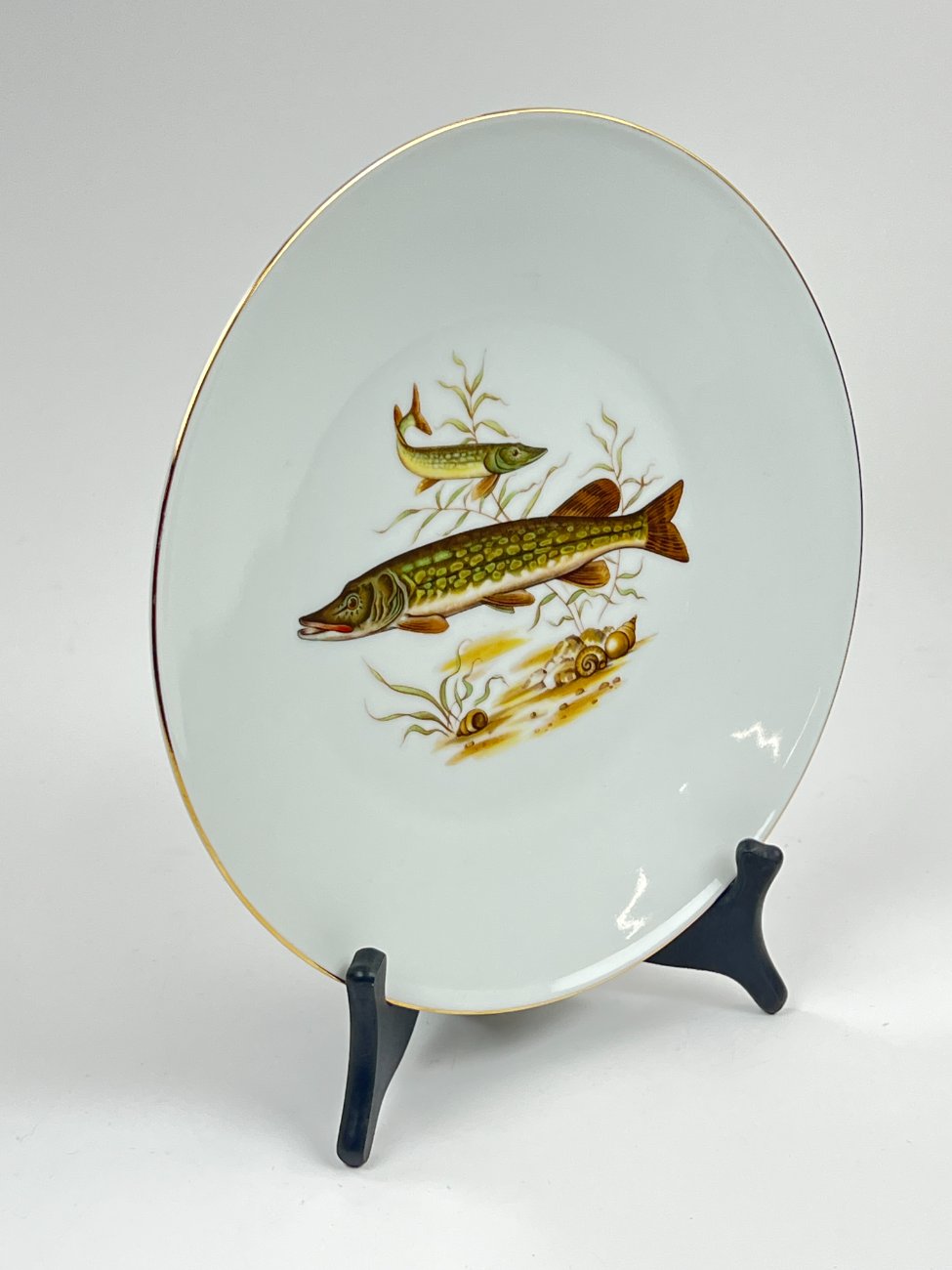 DN0224-servizu-dalys-3 Porcelianinė Mitterteich Bavaria lėkštė su žuvų atvaizdu 24,5×24,5×3 cm