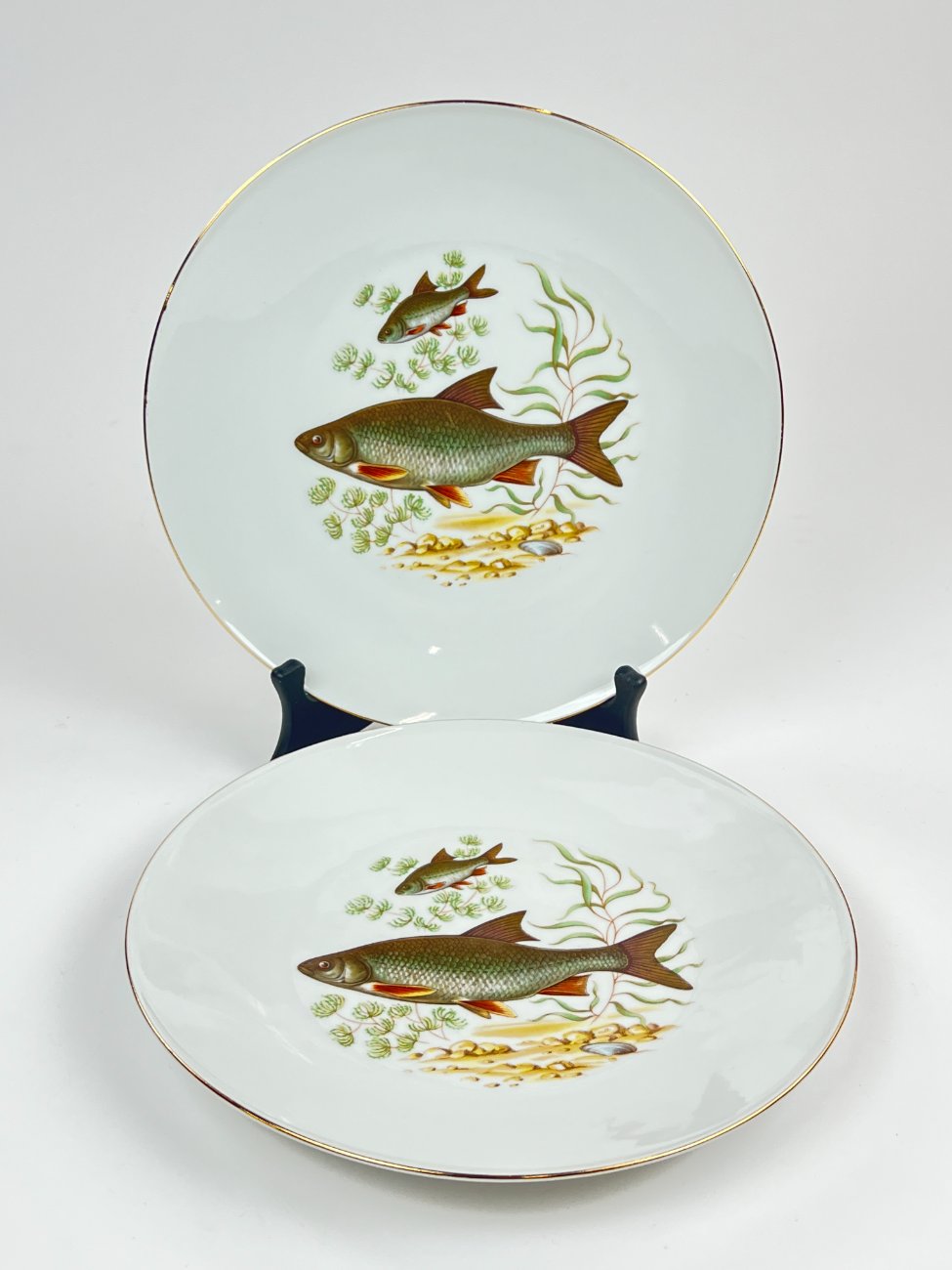 DN0227-servizu-dalys-7 Porcelianinė Mitterteich Bavaria lėkštė su žuvų atvaizdu 24,5×24,5×3 cm