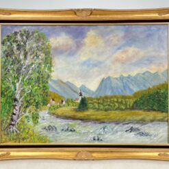 Ant drobės tapytas gamtos peizažas aukso spalvos mediniame rėme 6x82x62 cm