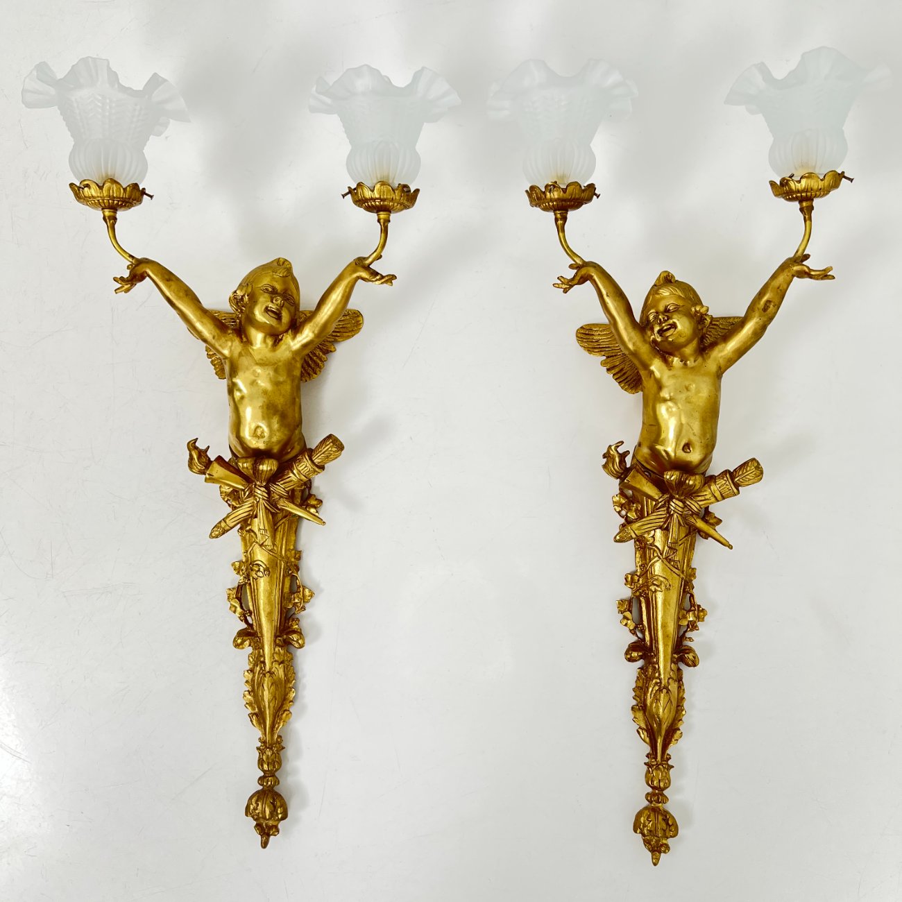 HM0785-sieniniai-sviestuvai-0 Sieniniai žalvariniai dviejų šakų šviestuvai stiklo gaubtais “Angelas” 2 vnt. komplektas 23x39x84 cm