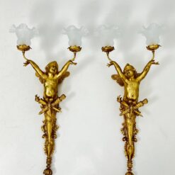 Sieniniai žalvariniai dviejų šakų šviestuvai stiklo gaubtais “Angelas” 2 vnt. komplektas 23x39x84 cm