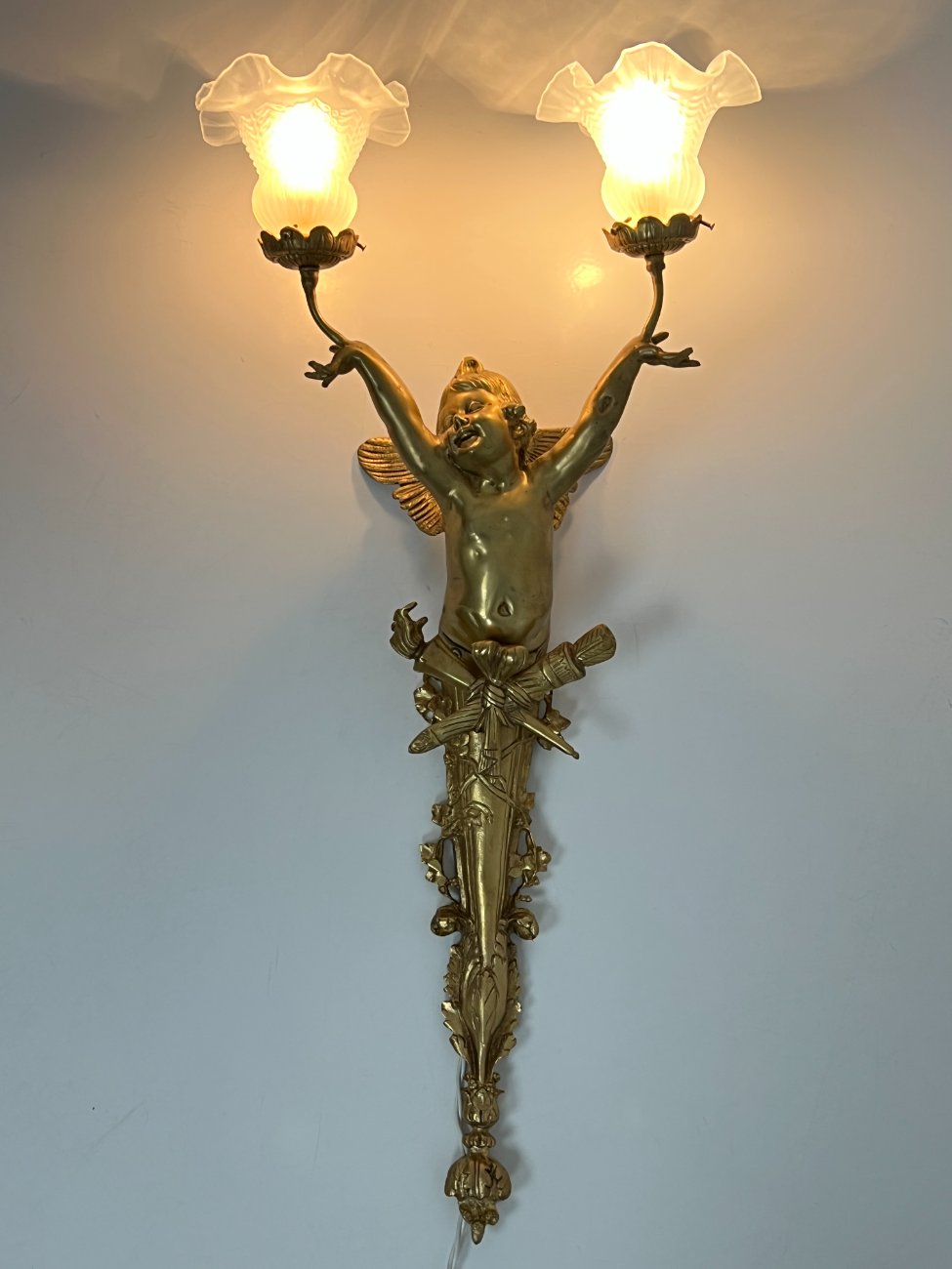 HM0785-sieniniai-sviestuvai-11 Sieniniai žalvariniai dviejų šakų šviestuvai stiklo gaubtais “Angelas” 2 vnt. komplektas 23x39x84 cm