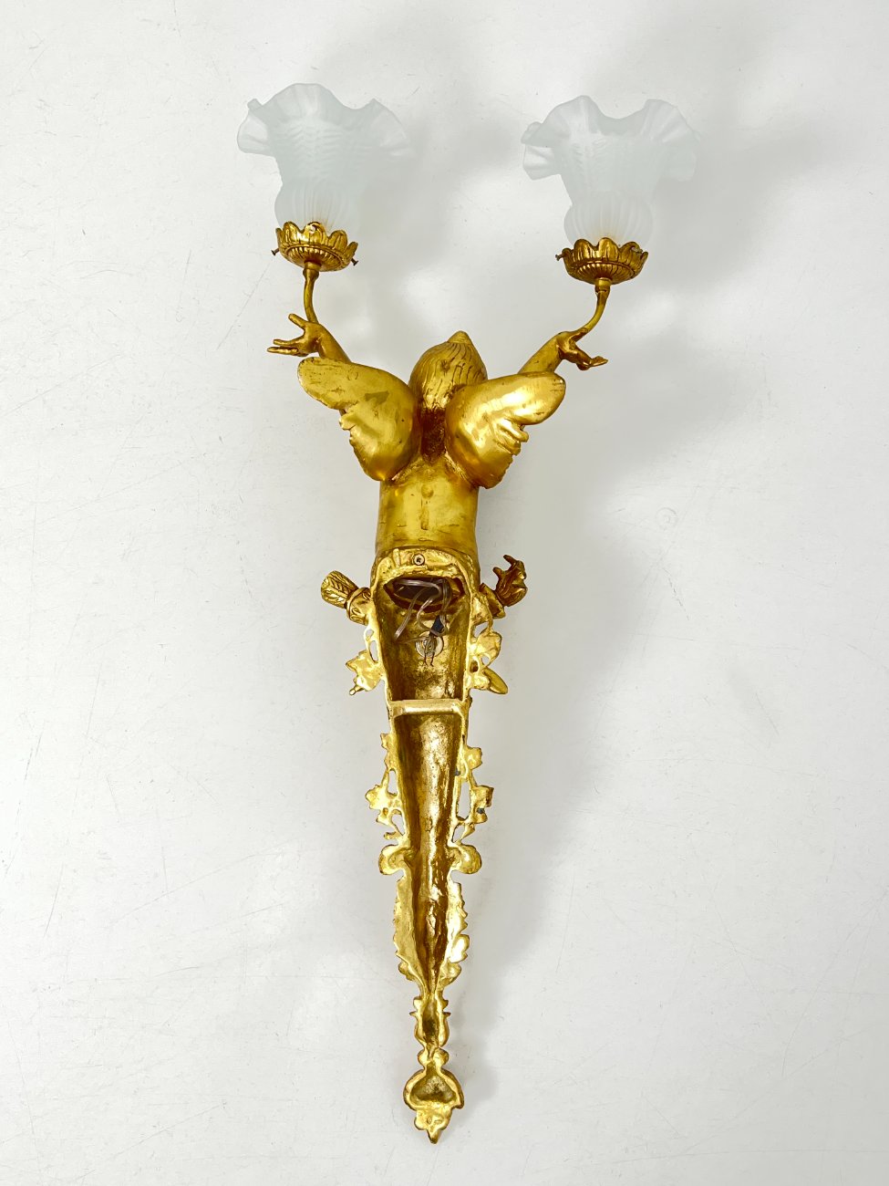 HM0785-sieniniai-sviestuvai-12 Sieniniai žalvariniai dviejų šakų šviestuvai stiklo gaubtais “Angelas” 2 vnt. komplektas 23x39x84 cm