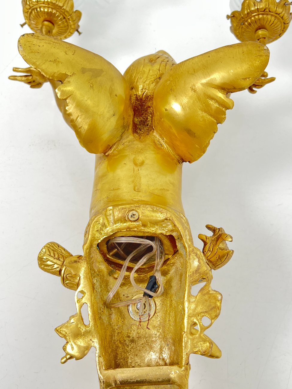 HM0785-sieniniai-sviestuvai-13 Sieniniai žalvariniai dviejų šakų šviestuvai stiklo gaubtais “Angelas” 2 vnt. komplektas 23x39x84 cm