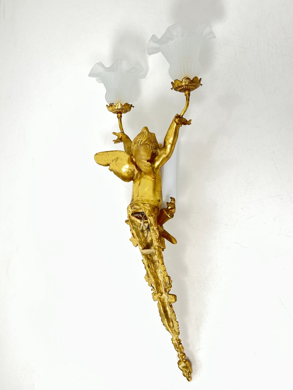 HM0785-sieniniai-sviestuvai-15 Sieniniai žalvariniai dviejų šakų šviestuvai stiklo gaubtais “Angelas” 2 vnt. komplektas 23x39x84 cm