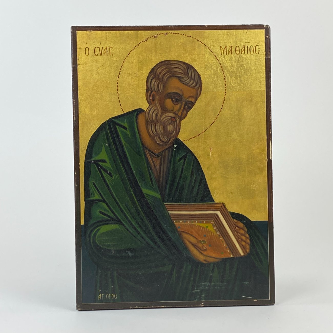 HN1179-religines-skulpturos-ir-paveikslai-0 Medinė ikona su apaštalo Mato atvaizdu 3,5x25x35 cm