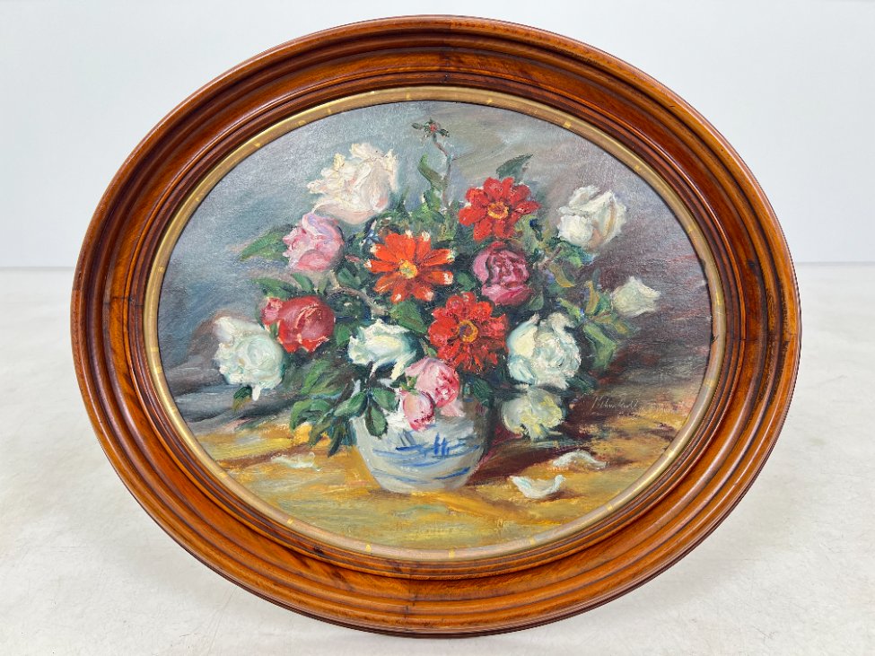 HN1345-natiurmortai-2 Ovalus gėlių puokštės natiurmortas riešutmedžio rėme 6,5x71x61 cm