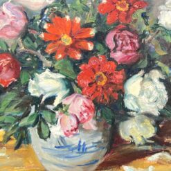 Ovalus gėlių puokštės natiurmortas riešutmedžio rėme 6,5x71x61 cm