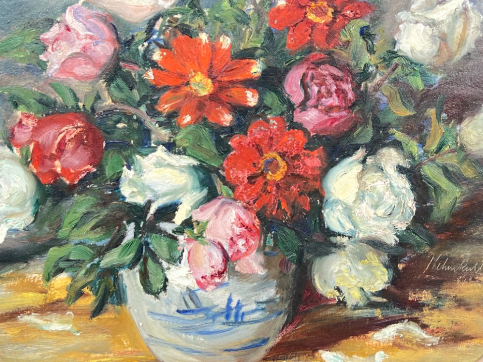 HN1345-natiurmortai-5 Ovalus gėlių puokštės natiurmortas riešutmedžio rėme 6,5x71x61 cm