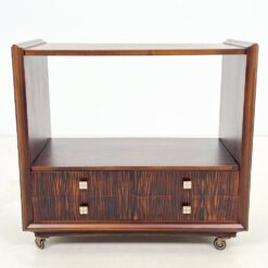 Mid Century juodmedžio lukšto keturių stalčių komoda ant ratukų 45x80x75 cm