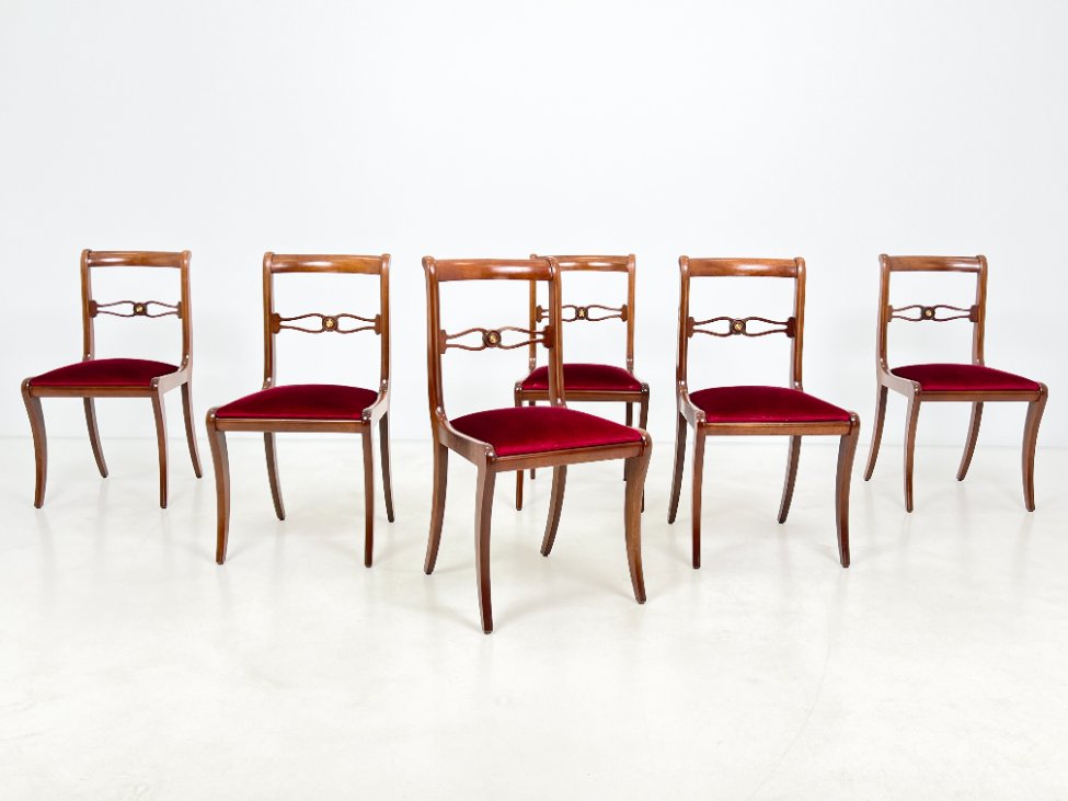 DP0161-kedes-2 Raudonmedžio kėdės su raudonu gobelenu 6 vnt. komplektas 53x47x89 cm, 50 cm