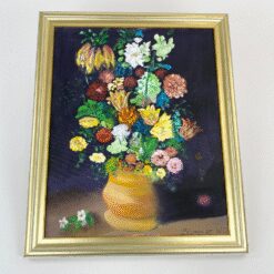 Ant drobės tapytas gėlių puokštės natiurmortas mediniame rėme 3x47x57 cm