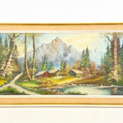 Aliejiniais dažais ant drobės tapytas kalnų peizažas mediniame rėme 5x92x52 cm