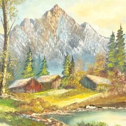 Aliejiniais dažais ant drobės tapytas kalnų peizažas mediniame rėme 5x92x52 cm