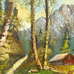 Aliejiniais dažais ant drobės tapytas kalnų peizažas mediniame rėme 5x92x52 cm